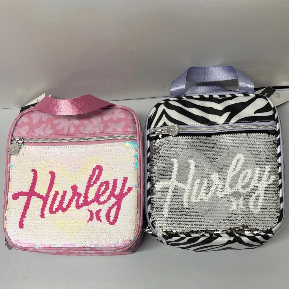 Set of 2 Hurley Lunch Box Tote Bags Flip Sequins Peony Pink Black Zebra NWT